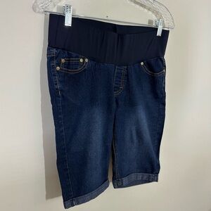 Times 2.  sz sm maternity shorts in a longer length med  blue with knit panel